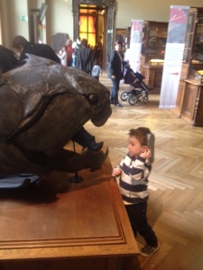 Noah attacking a pre-historic sea creature with the museum map